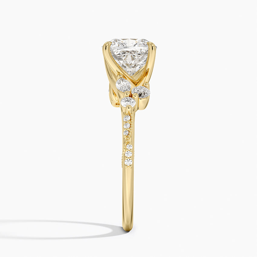 Luxe Camellia Milgrain Diamond Ring - Cushion Cut Center Stone