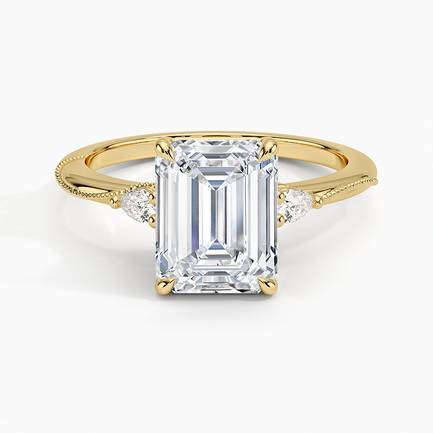 Camellia Three Stone Pear Diamond Ring - Emerald Cut Center Stone