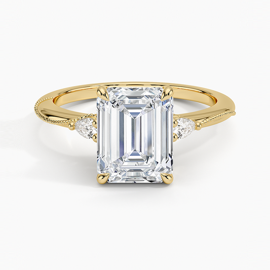 Camellia Three Stone Pear Diamond Ring - Emerald Cut Center Stone