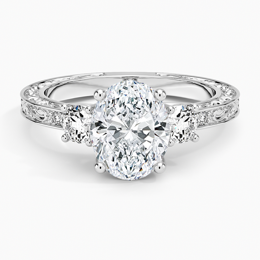 Antique Scroll Engraved Three Stone Diamond Ring (1/3 ct. tw.) - Oval Center Stone