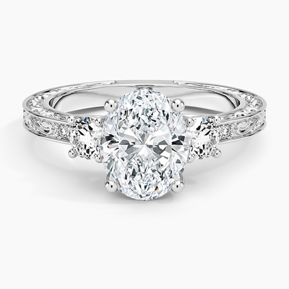 Antique Scroll Engraved Three Stone Diamond Ring (1/3 ct. tw.) - Oval Center Stone