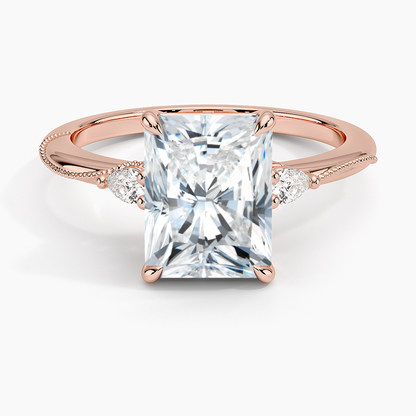 Camellia Three Stone Pear Diamond Ring - Radiant Cut Center Stone