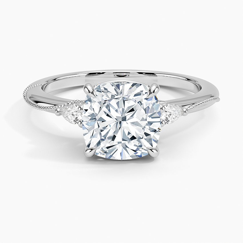 Camellia Three Stone Pear Diamond Ring - Cushion Cut Center Stone
