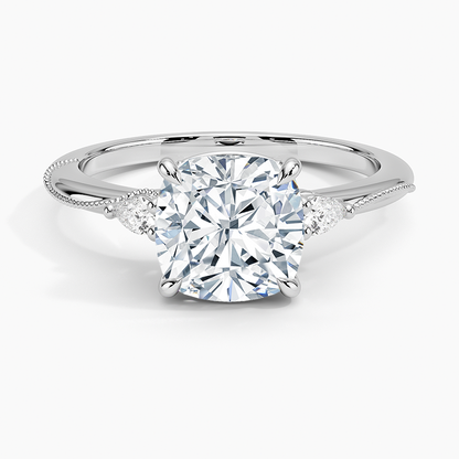 Camellia Three Stone Pear Diamond Ring - Cushion Cut Center Stone
