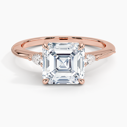 Camellia Three Stone Pear Diamond Ring - Asscher Cut Center Stone