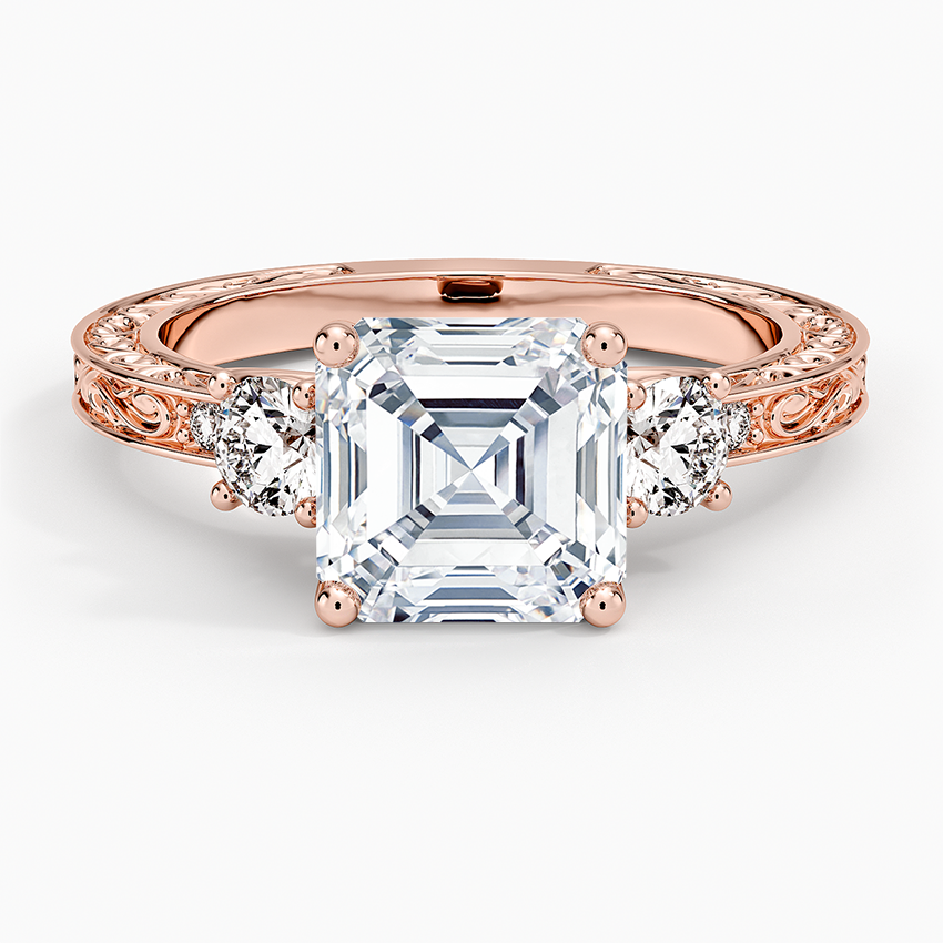 Antique Scroll Engraved Three Stone Diamond Ring (1/3 ct. tw.) - Asscher Cut Center Stone