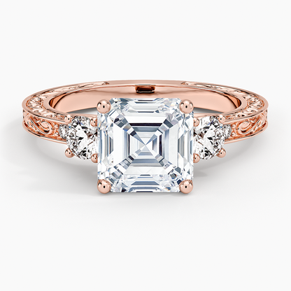 Antique Scroll Engraved Three Stone Diamond Ring (1/3 ct. tw.) - Asscher Cut Center Stone