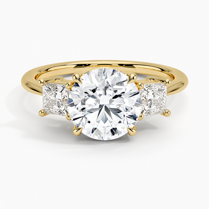 Princess Cut Three Stone Diamond Ring - Round Cut Center Stone