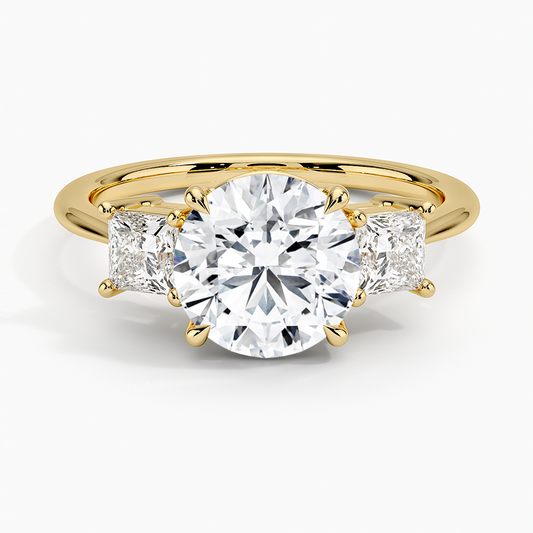 Princess Cut Three Stone Diamond Ring - Round Cut Center Stone