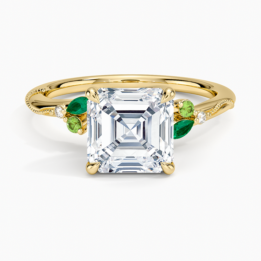 Camellia Milgrain Green Gemstone and Diamond Ring - Asscher Cut Center Stone