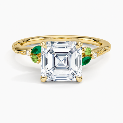 Camellia Milgrain Green Gemstone and Diamond Ring - Asscher Cut Center Stone