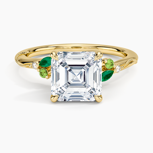 Camellia Milgrain Green Gemstone and Diamond Ring - Asscher Cut Center Stone