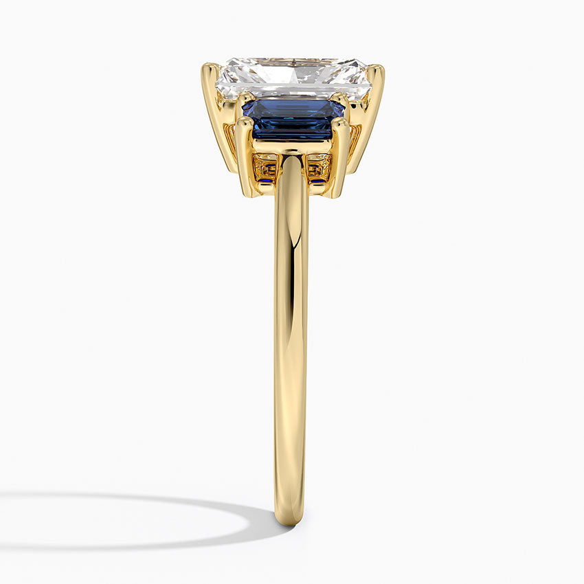 Luxe Rhiannon Three Stone Sapphire Ring - Radiant Cut Center Stone