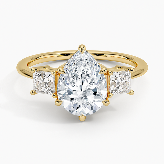 Princess Cut Three Stone Diamond Ring - Pear Cut Center Stone