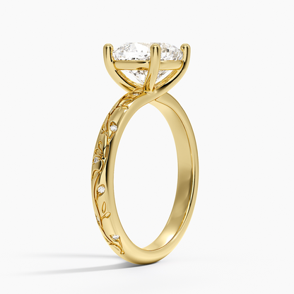 Verdure Engraved Diamond Solitaire Ring - Cushion Cut Center Stone