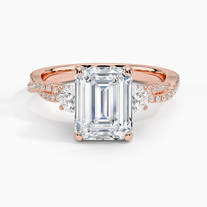 Luxe Three Stone Petite Twisted Vine Diamond Ring - Emerald Cut Center Stone
