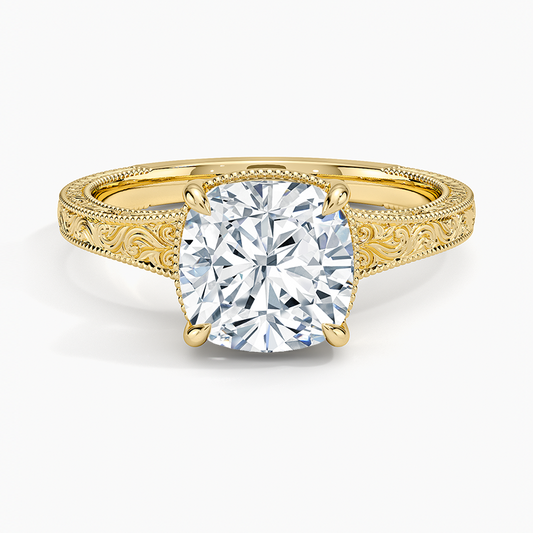 Tapered Elsie Engraved Solitaire Ring - Cushion Cut Center Stone