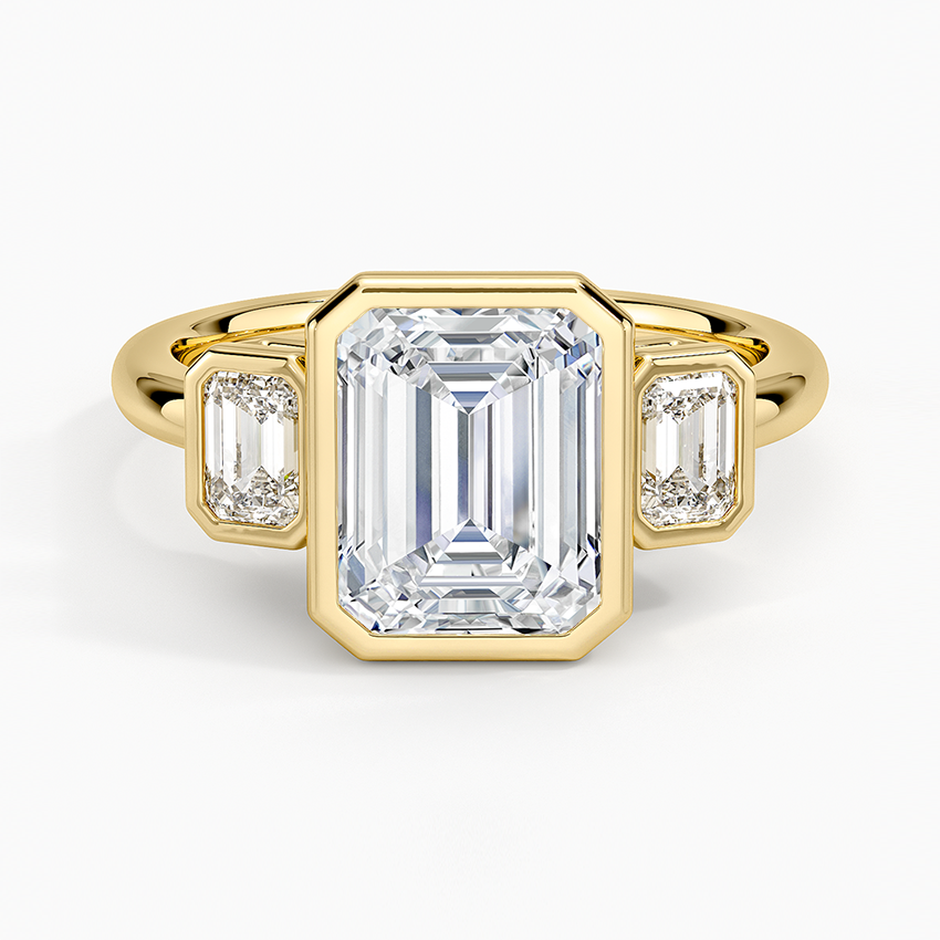 Rhiannon Bezel Three Stone Diamond Ring - Emerald Cut Center Stone