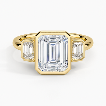 Rhiannon Bezel Three Stone Diamond Ring - Emerald Cut Center Stone