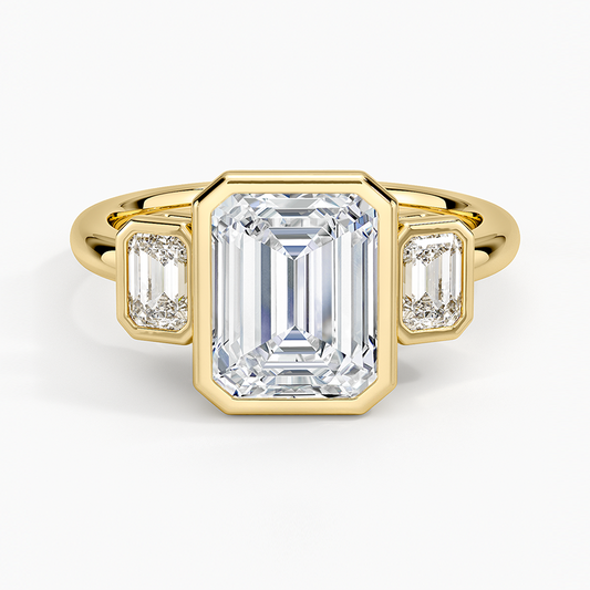 Rhiannon Bezel Three Stone Diamond Ring - Emerald Cut Center Stone