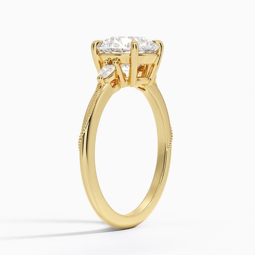 Camellia Three Stone Pear Diamond Ring - Round Center Stone