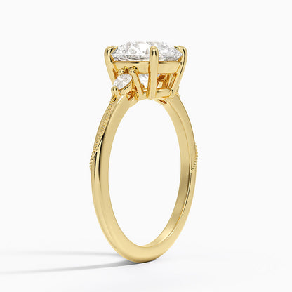 Camellia Three Stone Pear Diamond Ring - Round Center Stone