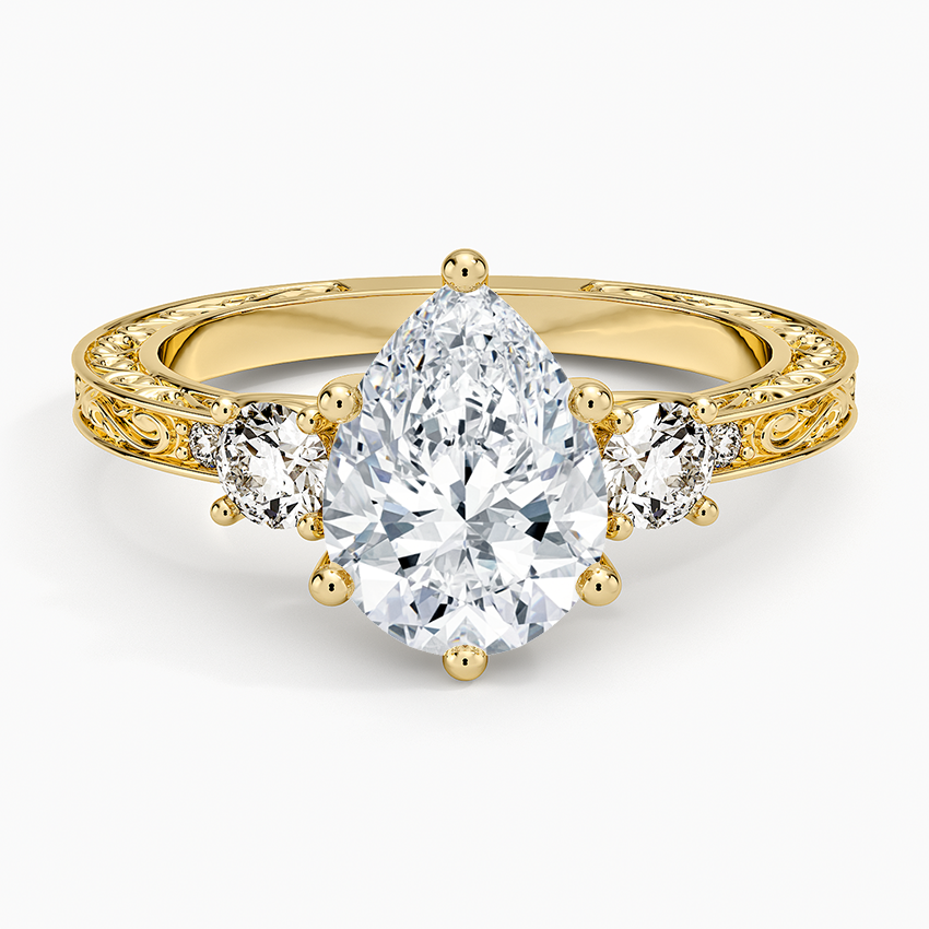 Antique Scroll Engraved Three Stone Diamond Ring (1/3 ct. tw.) - Pear Center Stone