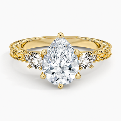 Antique Scroll Engraved Three Stone Diamond Ring (1/3 ct. tw.) - Pear Center Stone