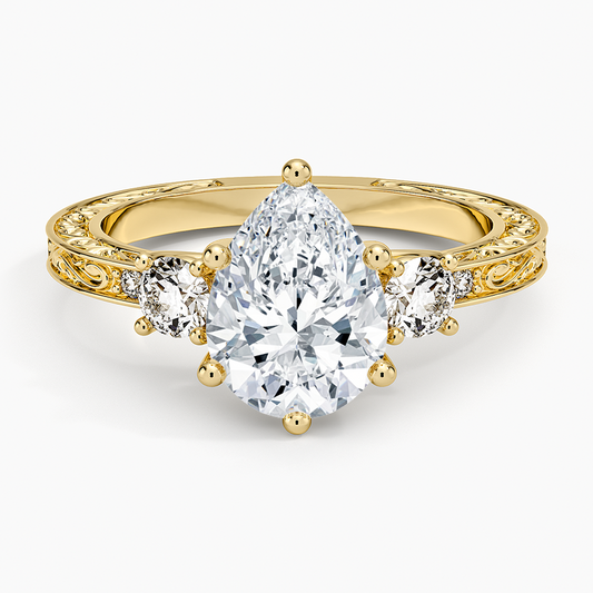 Antique Scroll Engraved Three Stone Diamond Ring (1/3 ct. tw.) - Pear Center Stone