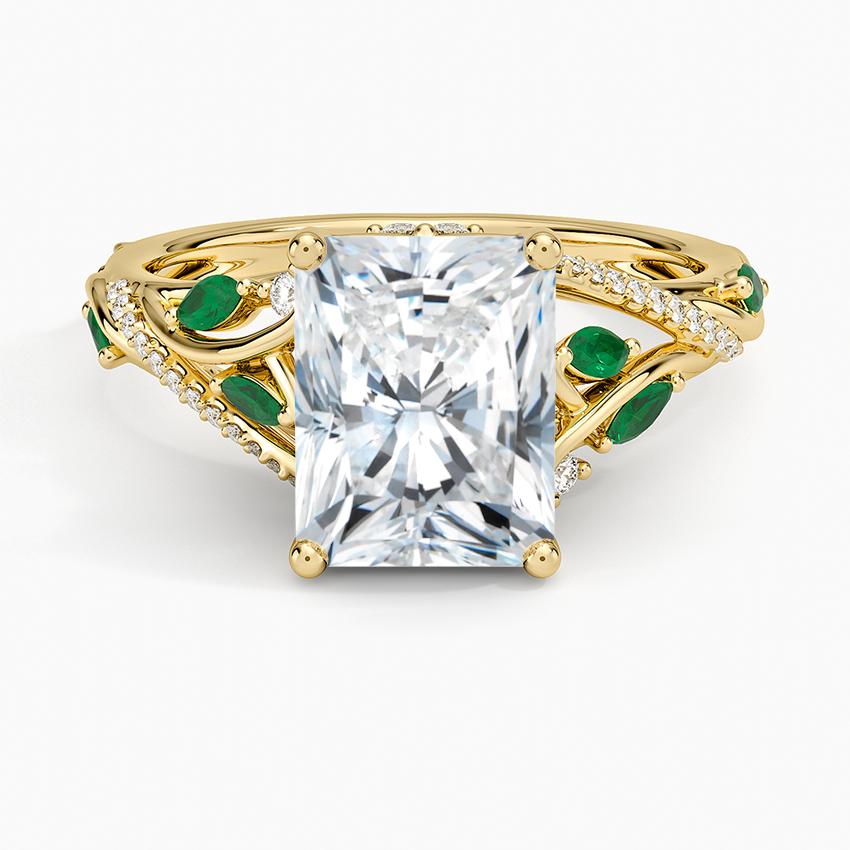 Begonia Vine Diamond and Lab Emerald Ring (1/8 ct. tw.) - Radiant Cut Center Stone