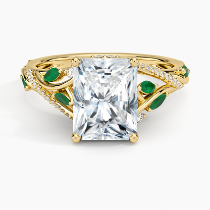 Begonia Vine Diamond and Lab Emerald Ring (1/8 ct. tw.) - Radiant Cut Center Stone