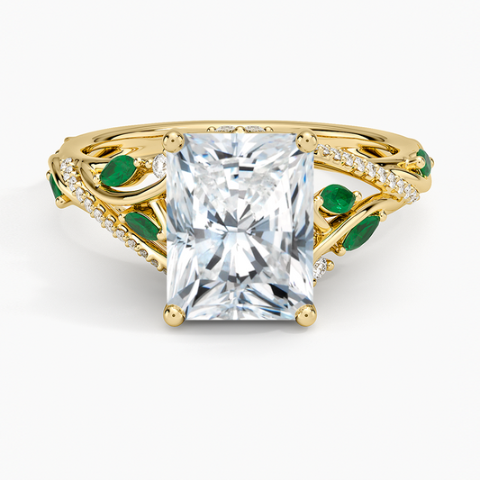 Begonia Vine Diamond and Lab Emerald Ring (1/8 ct. tw.) - Radiant Cut Center Stone