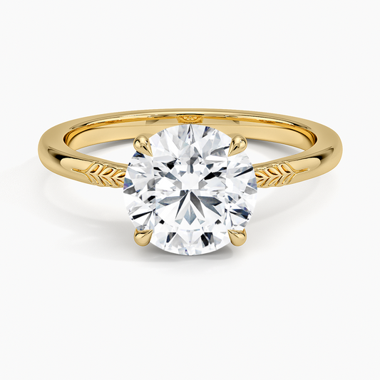 Laurel Engraved Ring - Round Cut Center Stone