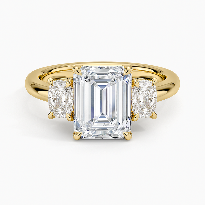 Faye Elongated Cushion Three Stone Diamond Ring - Emerald Cut Center Stone