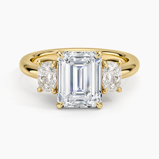 Faye Elongated Cushion Three Stone Diamond Ring - Emerald Cut Center Stone