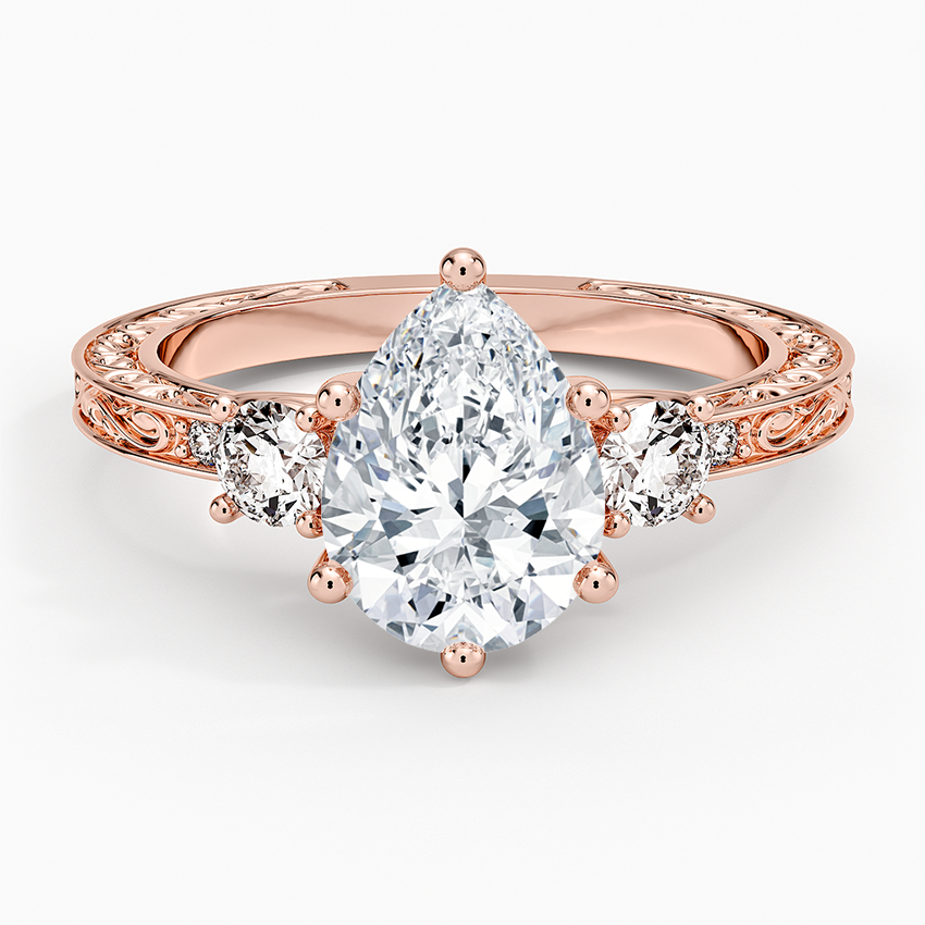 Antique Scroll Engraved Three Stone Diamond Ring (1/3 ct. tw.) - Pear Center Stone