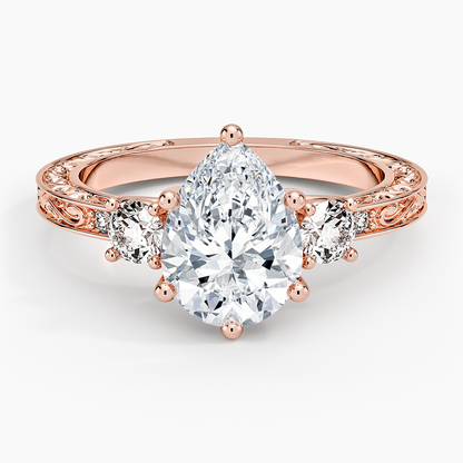 Antique Scroll Engraved Three Stone Diamond Ring (1/3 ct. tw.) - Pear Center Stone