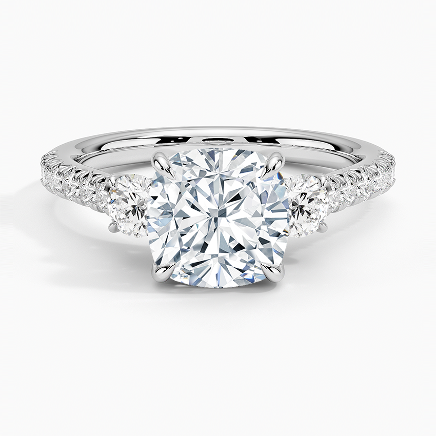 Amelie Three Stone Diamond Ring - Cushion Cut Center Stone