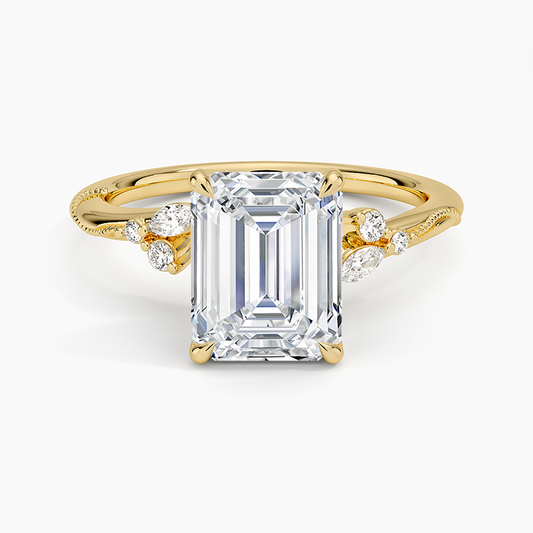 Camellia Milgrain Diamond Ring - Emerald Cut Center Stone