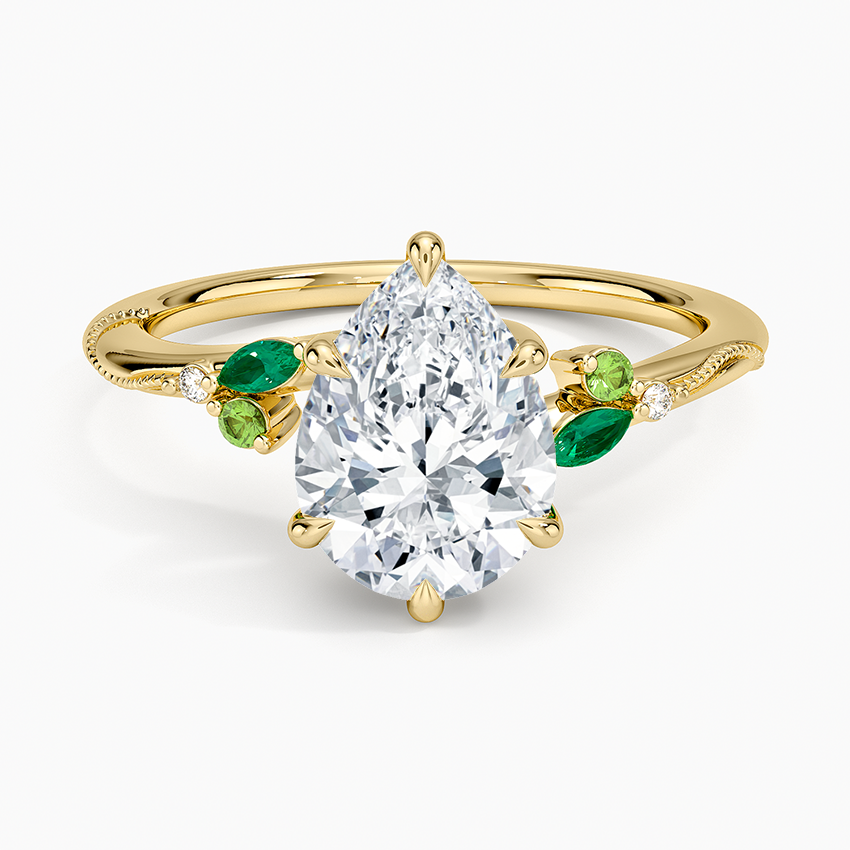 Camellia Milgrain Green Gemstone and Diamond Ring - Pear Cut Center Stone