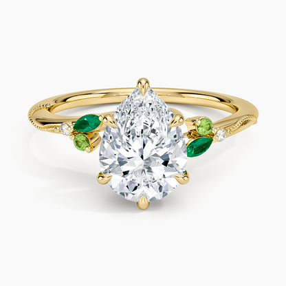 Camellia Milgrain Green Gemstone and Diamond Ring - Pear Cut Center Stone