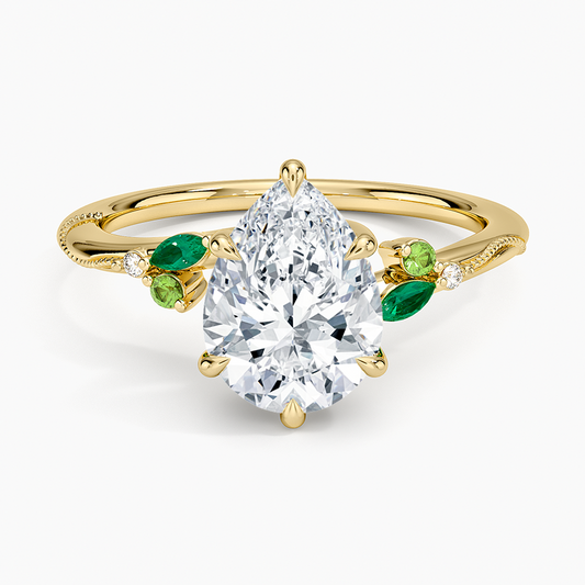 Camellia Milgrain Green Gemstone and Diamond Ring - Pear Cut Center Stone