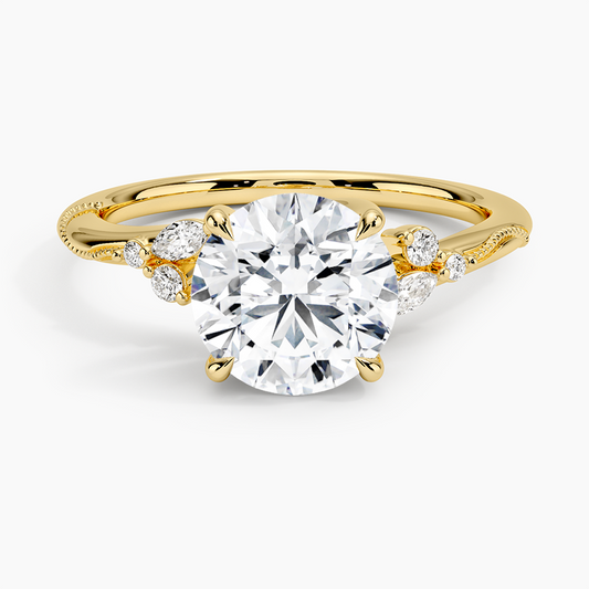 Camellia Milgrain Diamond Ring - Round Center Stone