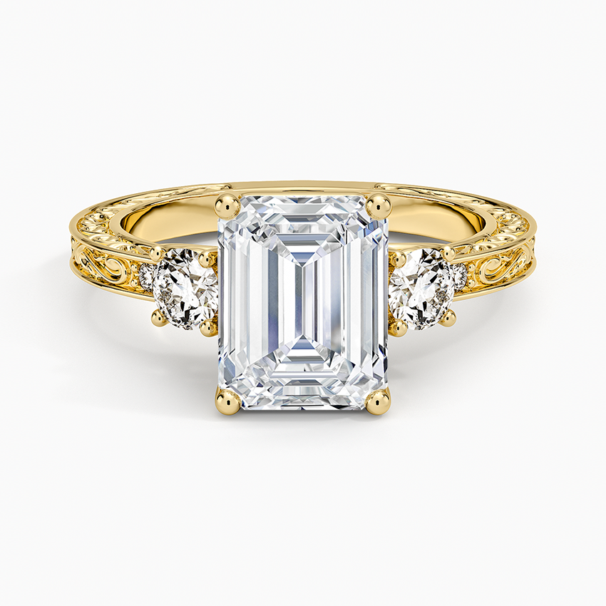 Antique Scroll Engraved Three Stone Diamond Ring (1/3 ct. tw.) - Emerald Cut Center Stone