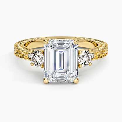 Antique Scroll Engraved Three Stone Diamond Ring (1/3 ct. tw.) - Emerald Cut Center Stone