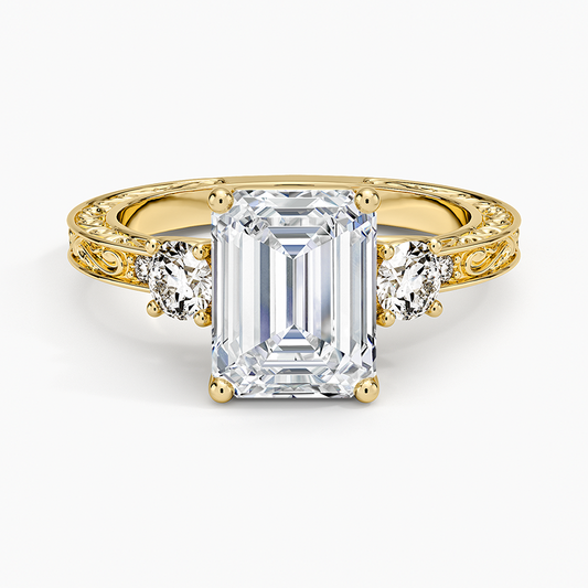 Antique Scroll Engraved Three Stone Diamond Ring (1/3 ct. tw.) - Emerald Cut Center Stone