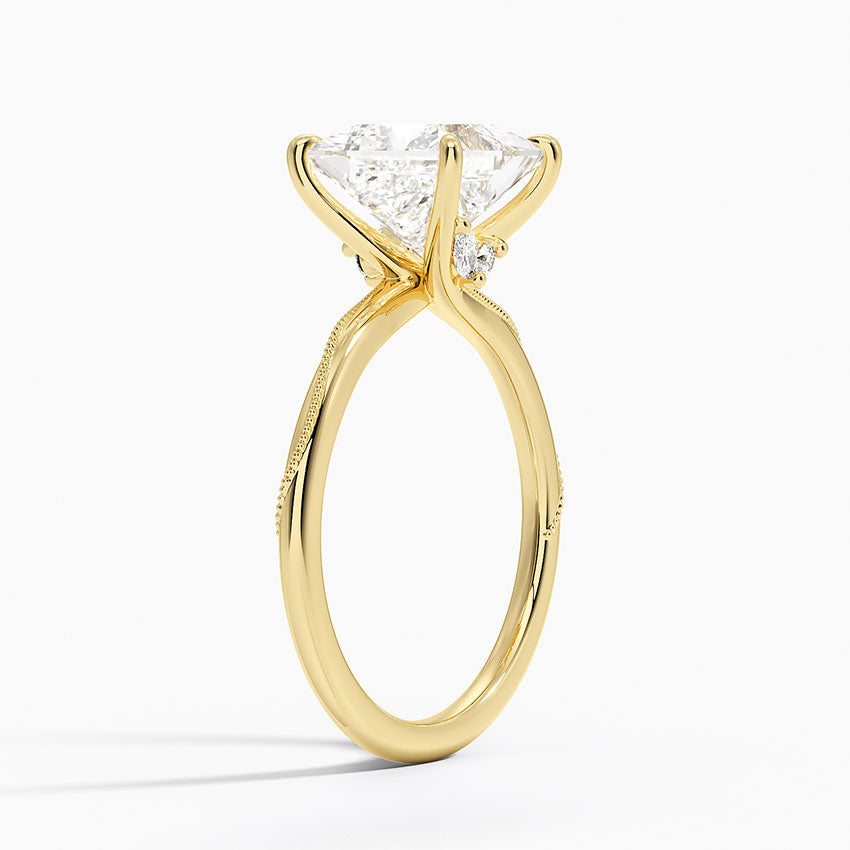 Adorned Camellia Milgrain Diamond Ring - Princess Cut Center Stone