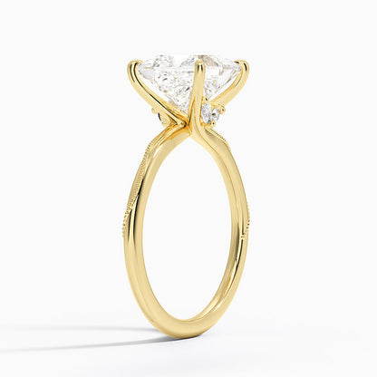 Adorned Camellia Milgrain Diamond Ring - Princess Cut Center Stone