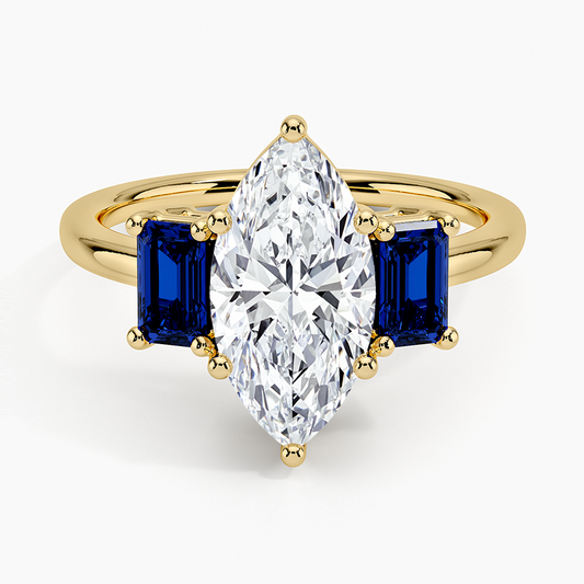 Luxe Rhiannon Three Stone Sapphire Ring - Marquise Cut Center Stone