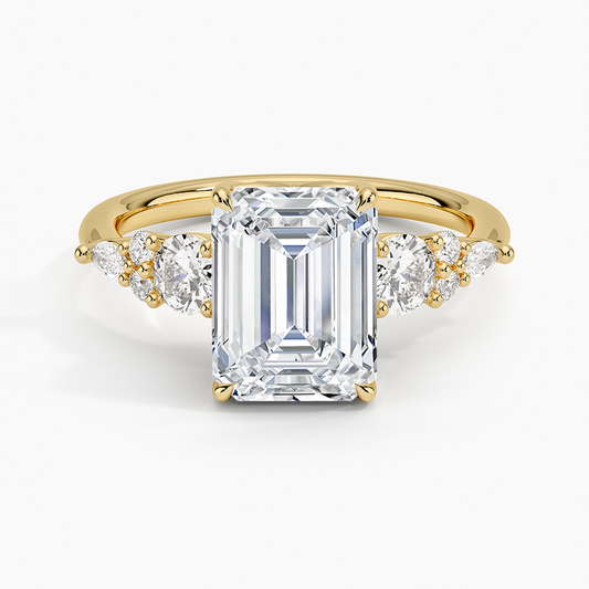 Nadia Three Stone Diamond Ring - Emerald Cut Center Stone